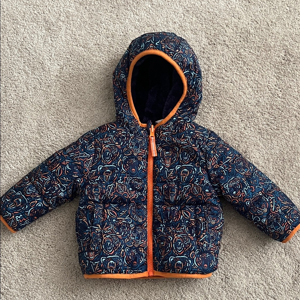 Cat & Jack Navy and Orange Patterned Puffer Jacket